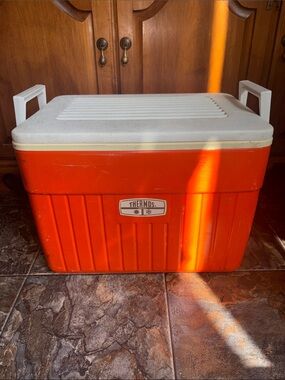 Vintage Thermos Bright Orange Cooler with White Logo Panel